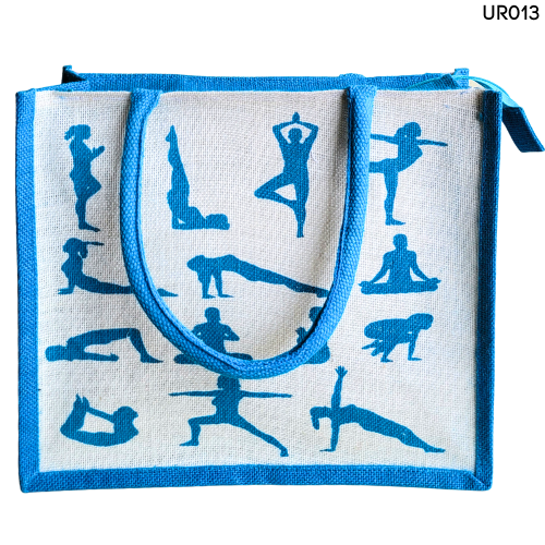 Stunning Teal Blue And White Combination Jute Bag With Yoga Pose Print