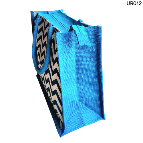 Classy Royal Blue And White Combination Jute Bag With Chevron Pattern Print