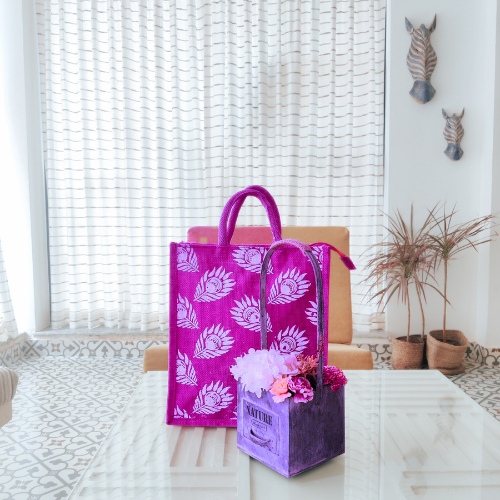 Brght Royal Blue And White Combination Jute Bag With Yoga Pose Print