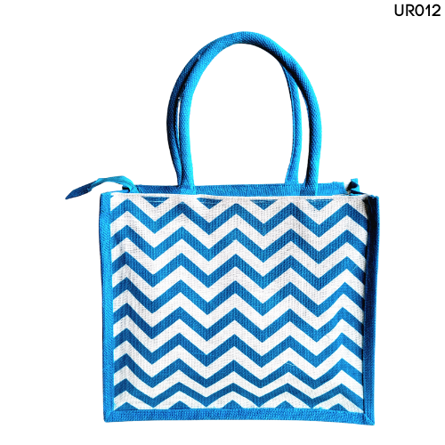 Stunning Teal Blue And White Combination Jute Bag With Chevron Print
