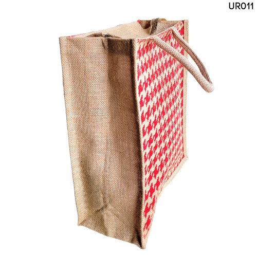 Attractive Red Houdstooth Printed Natural Body Jute Bag