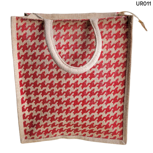 Attractive Red Houdstooth Printed Natural Body Jute Bag