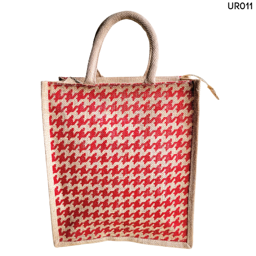 Attractive Red Houdstooth Printed Natural Body Jute Bag