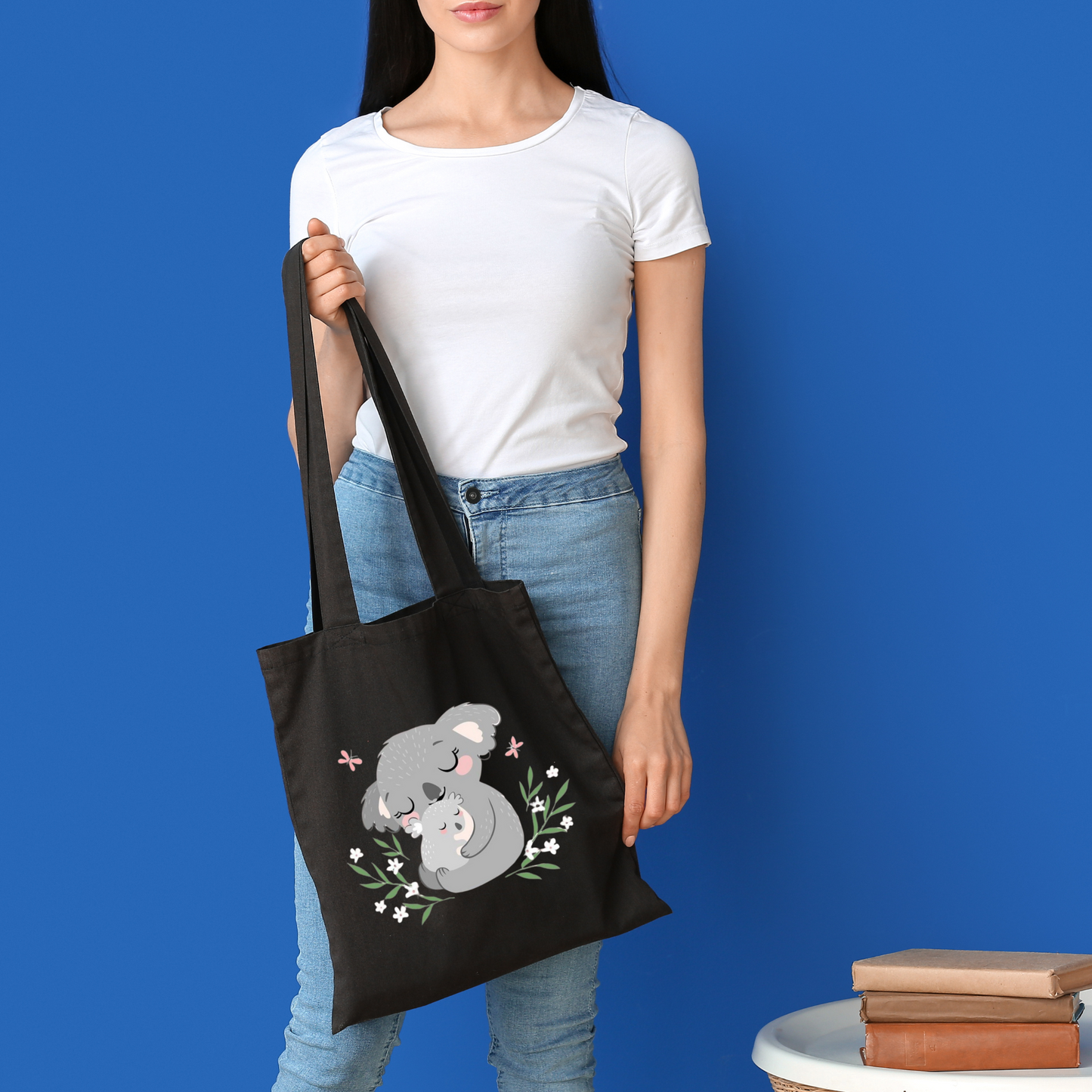 Black Canvas Tote Bag: Cute Koala Mom & Child Print