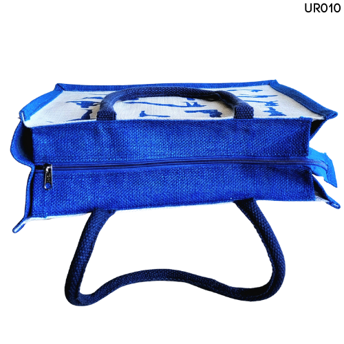 Classy Royal Blue And White Combination Jute Bag With Chevron Pattern Print