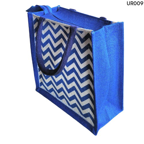 Classy Royal Blue And White Combination Jute Bag With Chevron Pattern Print