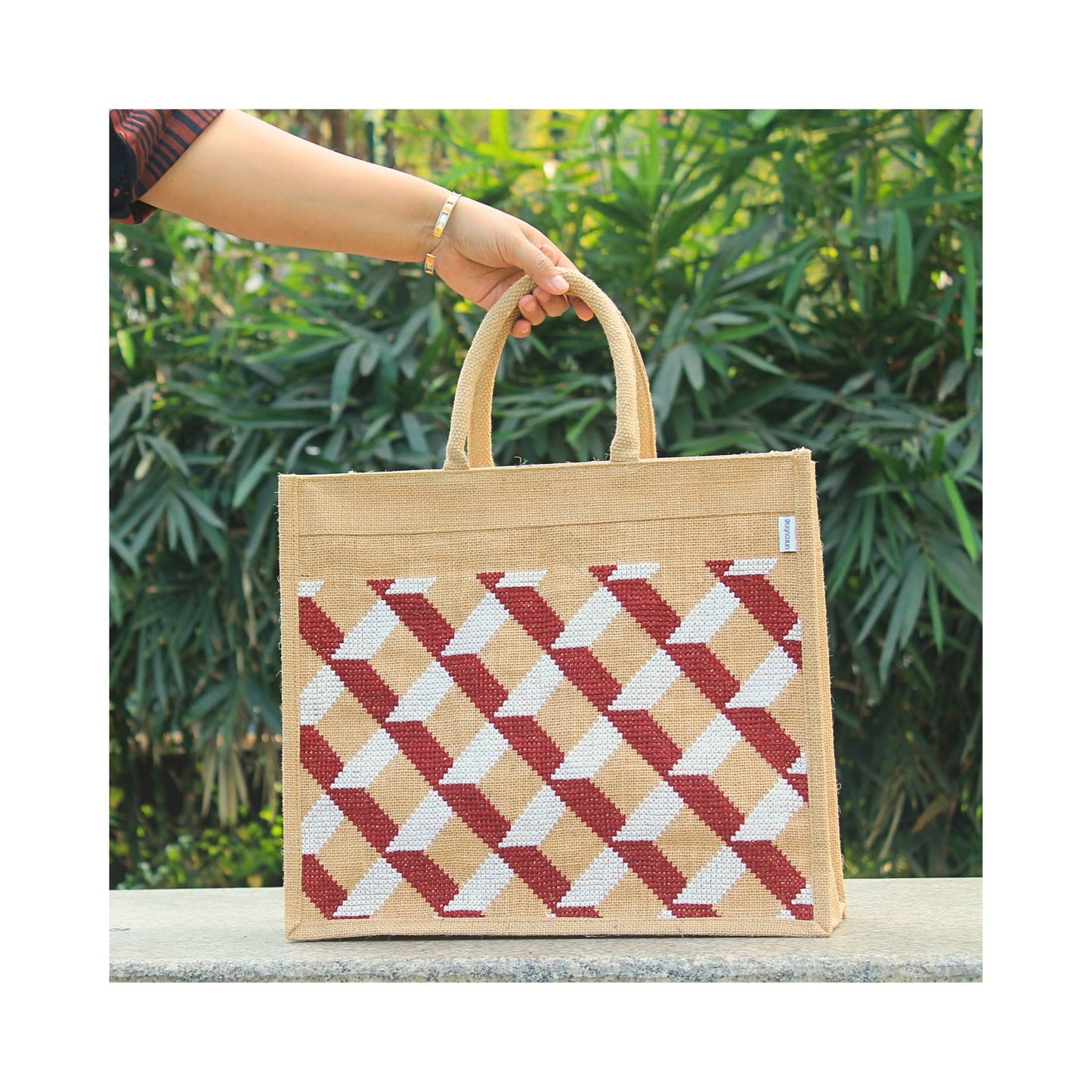 Natural Colour Stylish Designer Jute Shopping Bag I Embroidered I Red & White Checkered Design I Zipper Close