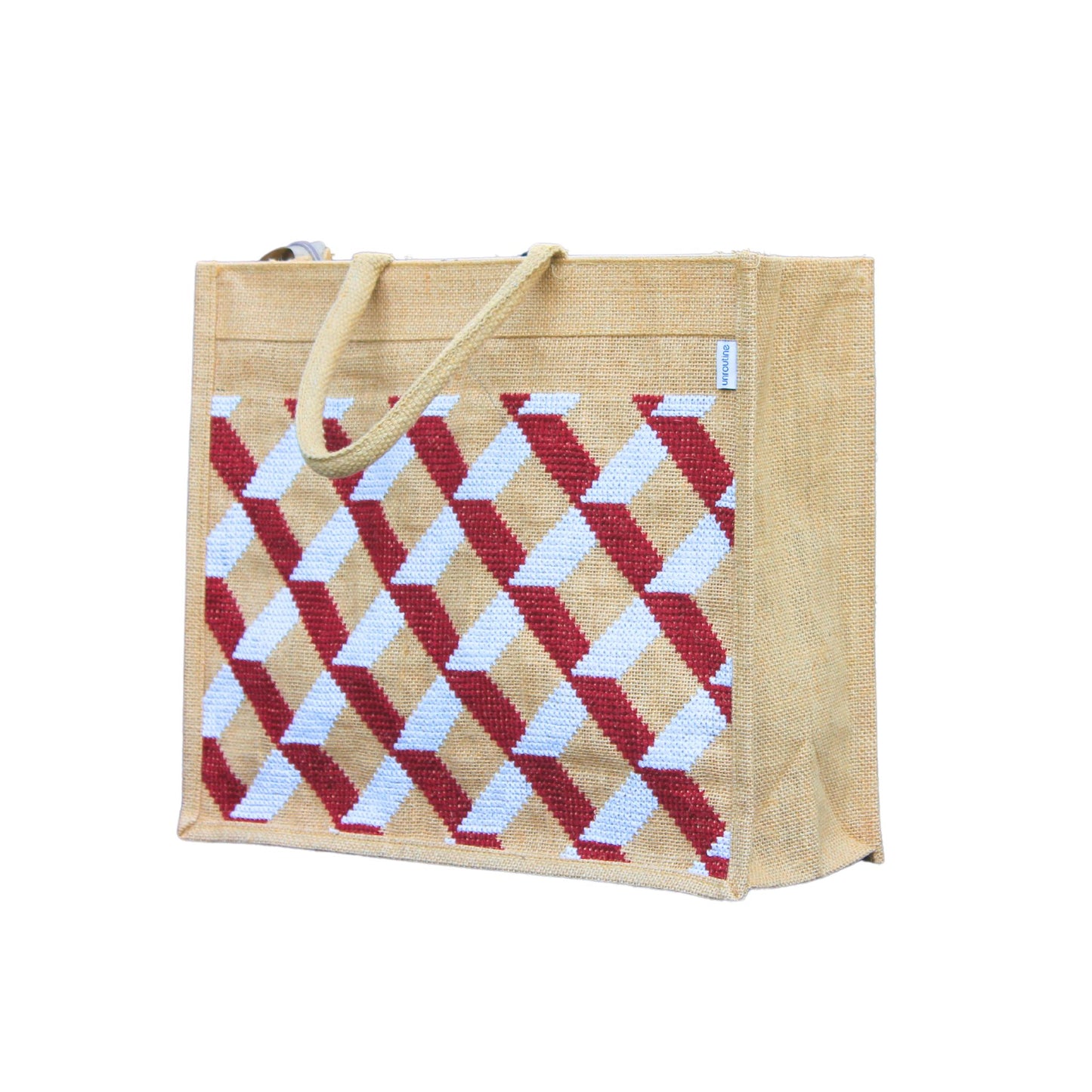 Natural Colour Stylish Designer Jute Shopping Bag I Embroidered I Red & White Checkered Design I Zipper Close