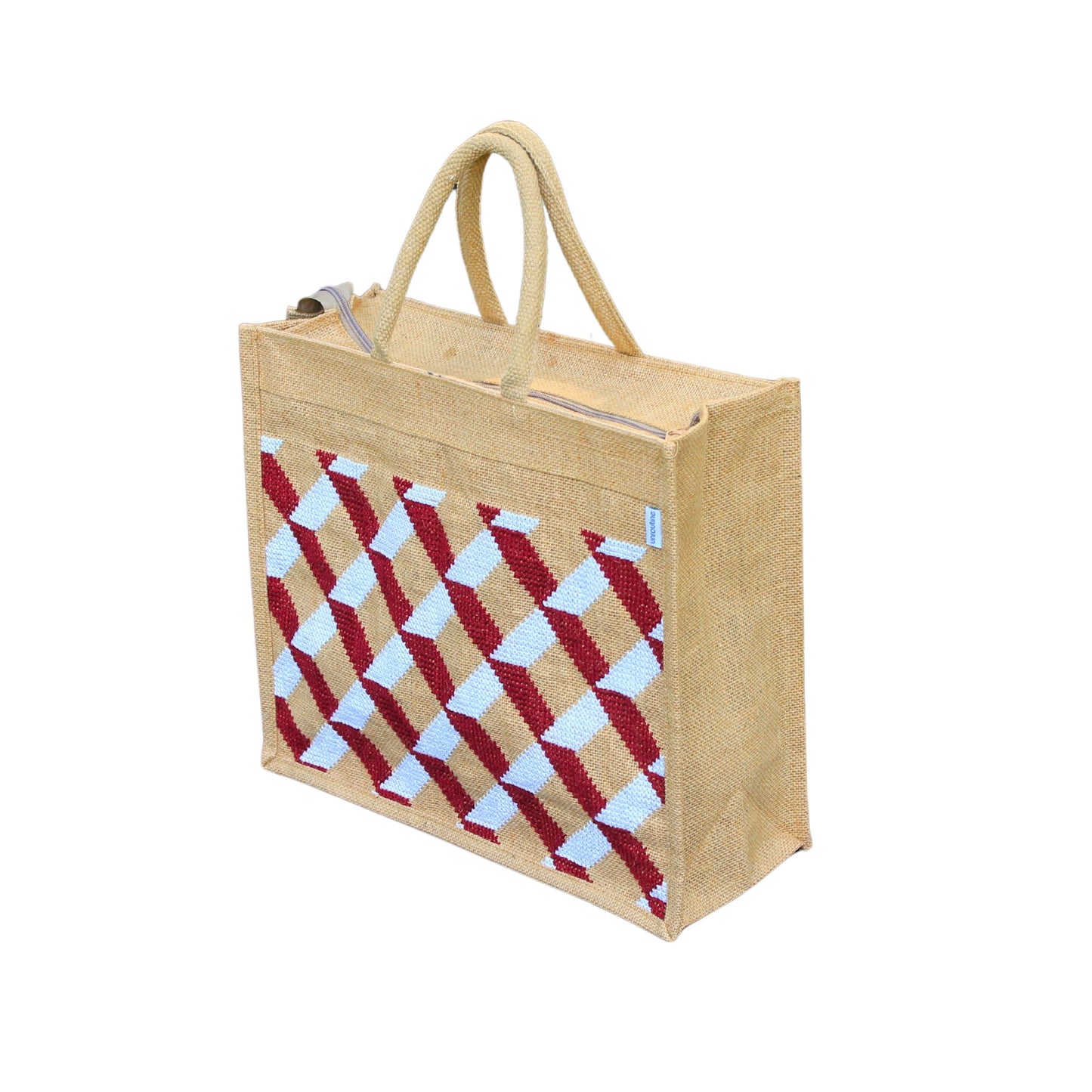 Natural Colour Stylish Designer Jute Shopping Bag I Embroidered I Red & White Checkered Design I Zipper Close