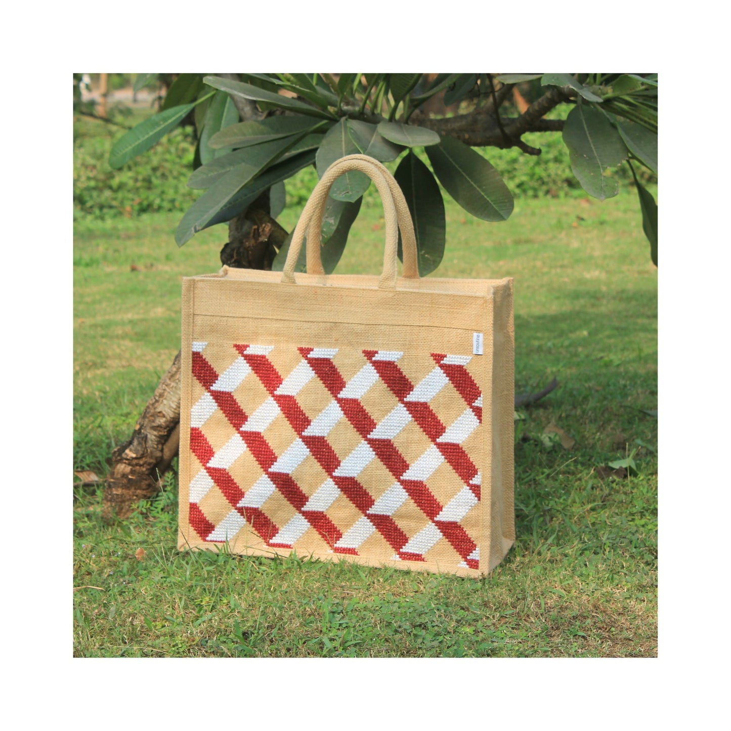 Natural Colour Stylish Designer Jute Shopping Bag I Embroidered I Red & White Checkered Design I Zipper Close