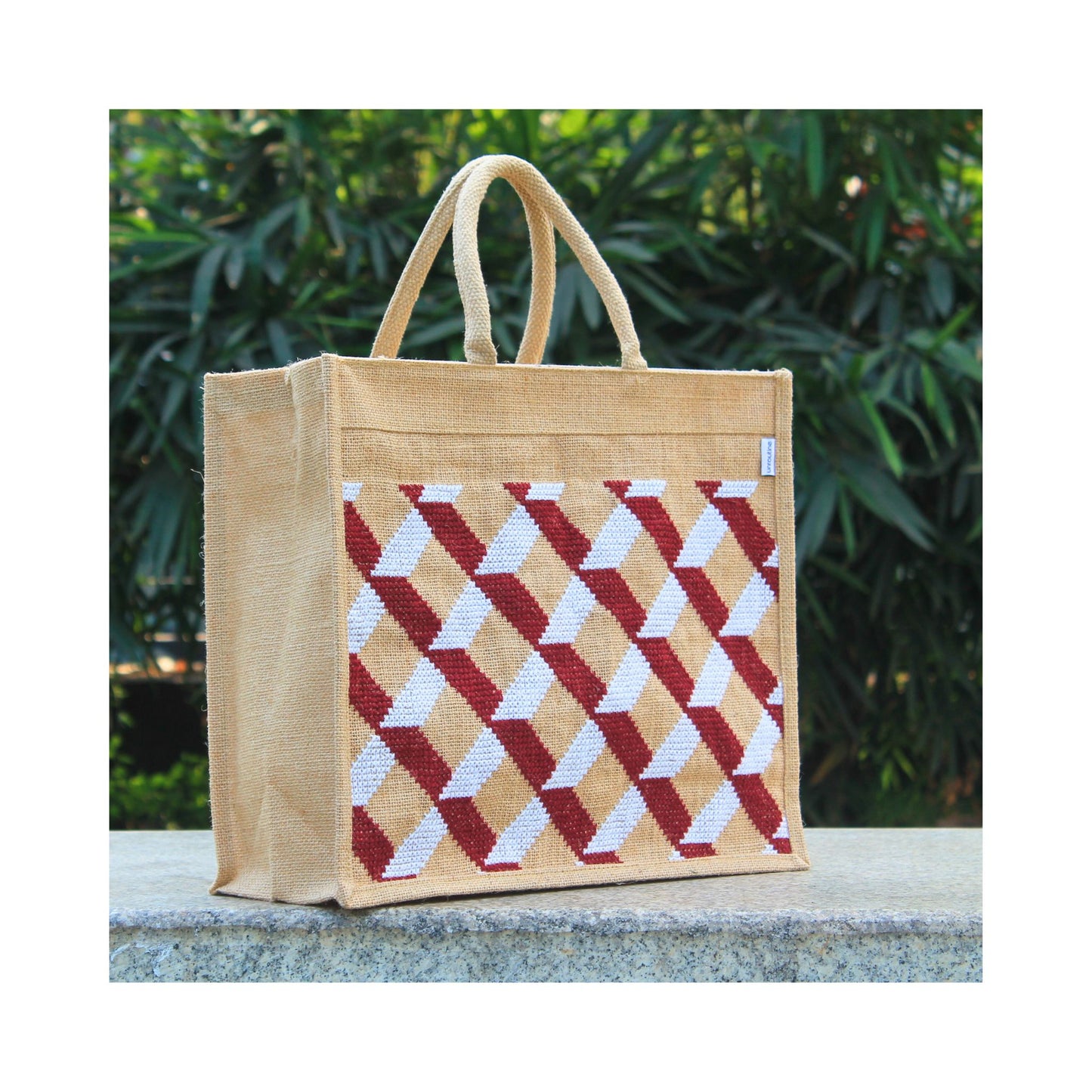 Natural Colour Stylish Designer Jute Shopping Bag I Embroidered I Red & White Checkered Design I Zipper Close