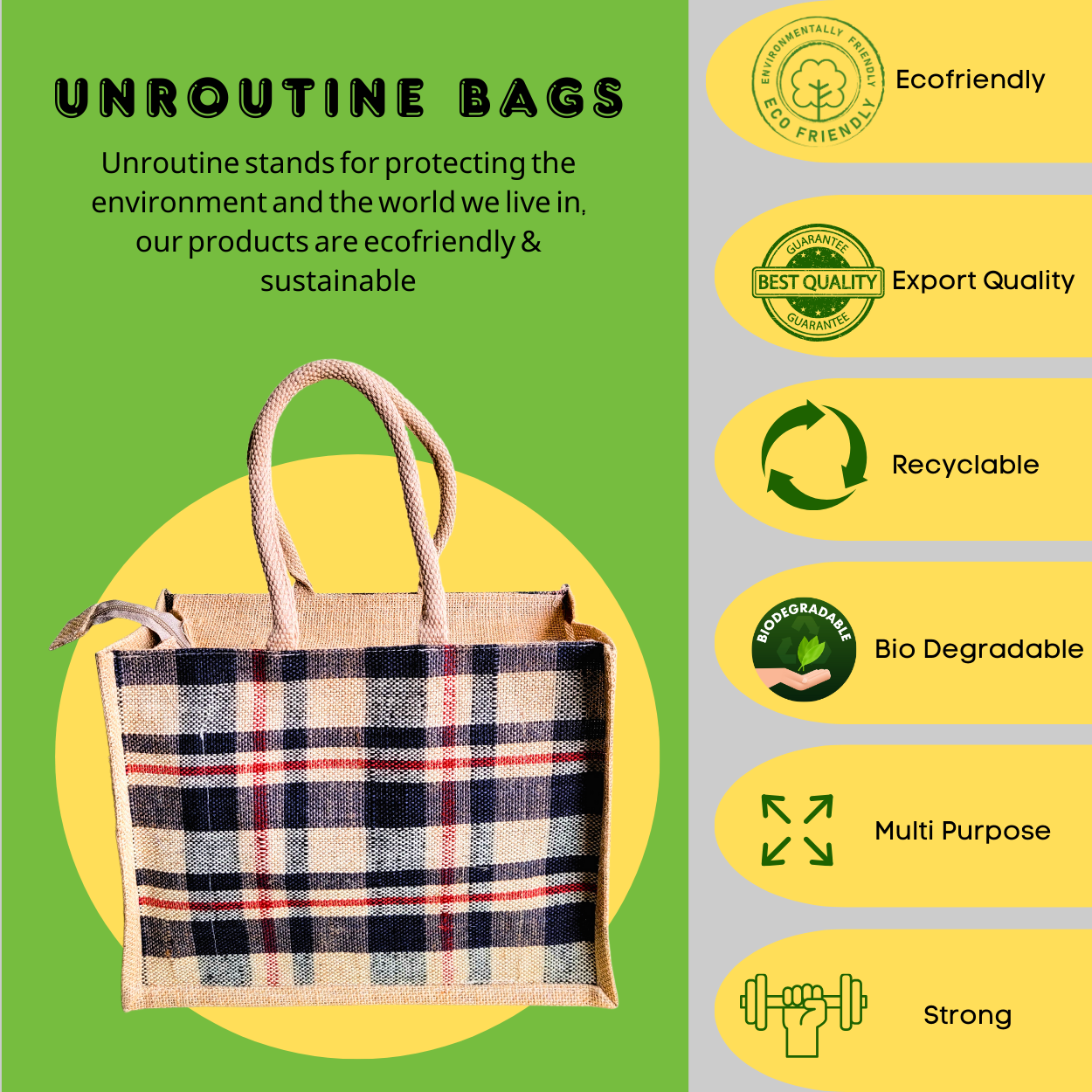 Fashionable Jute Lunch Bag Handloom - Black Check Large