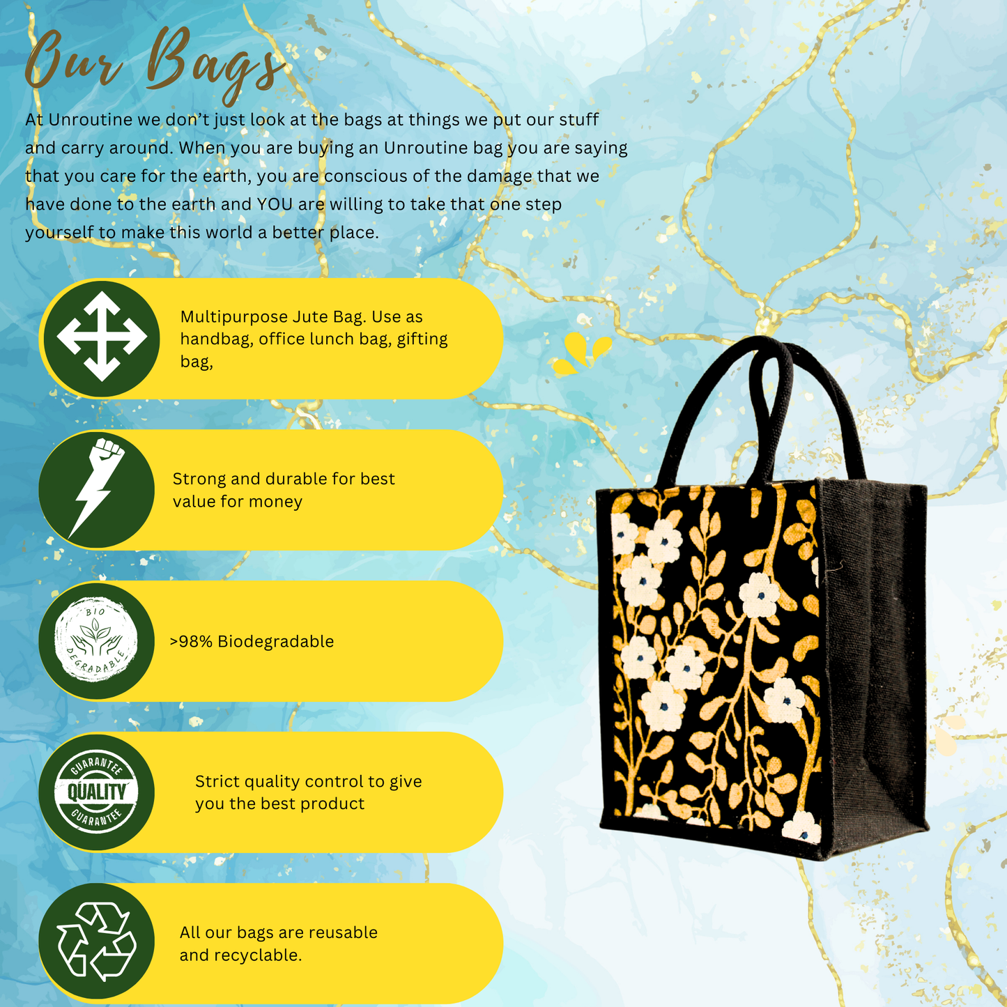 Printed Jute Lunch Bag For Men & Women I Floral Design I Zipper Close