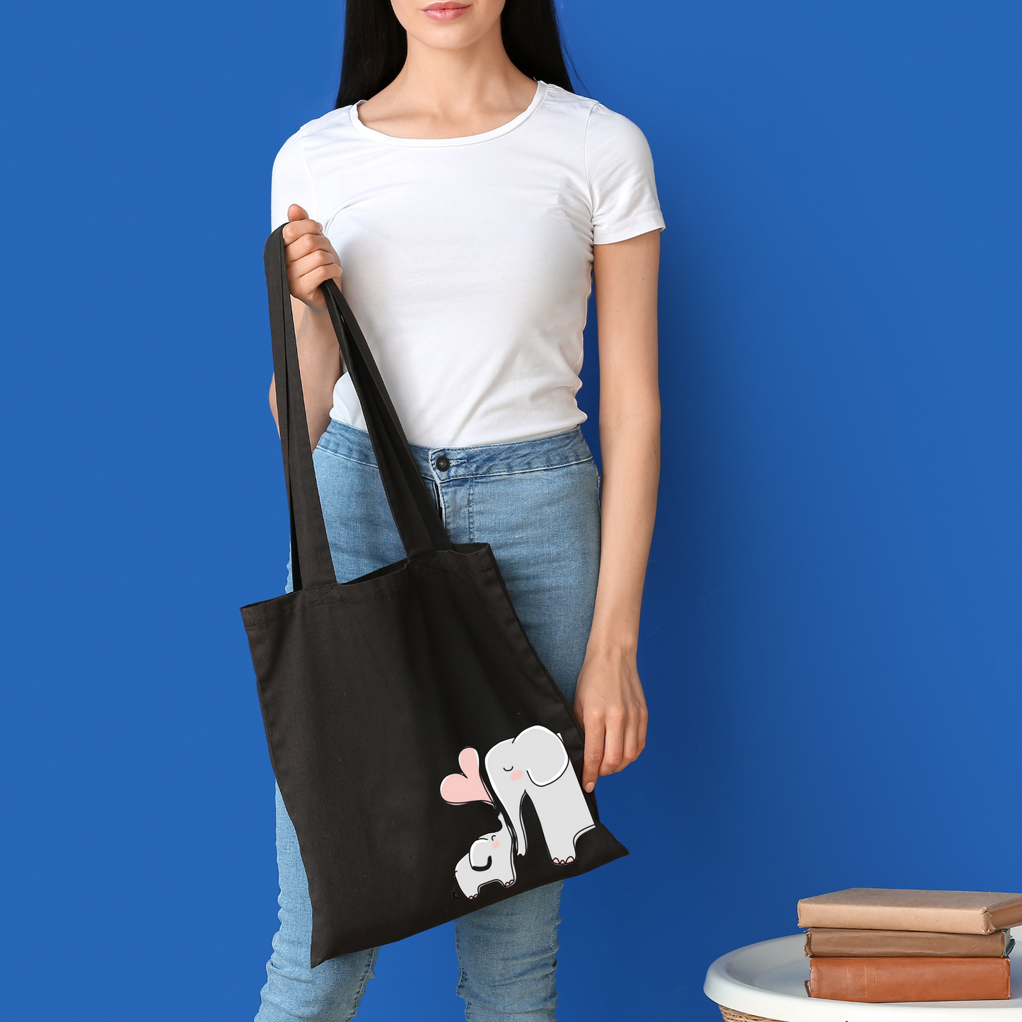 Canvas Tote Bag: Baby & Mom Elephant Print