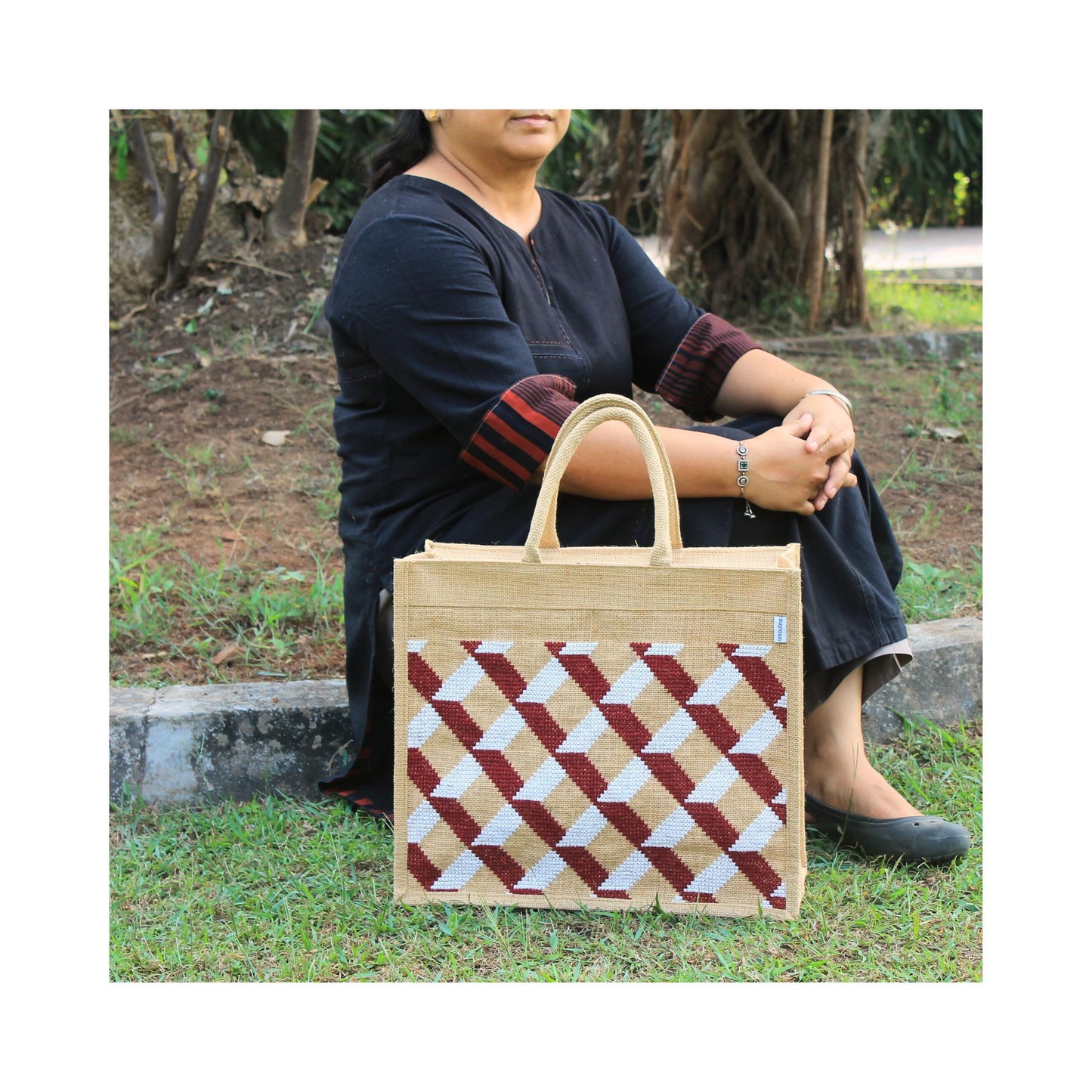 Natural Colour Stylish Designer Jute Shopping Bag I Embroidered I Red & White Checkered Design I Zipper Close