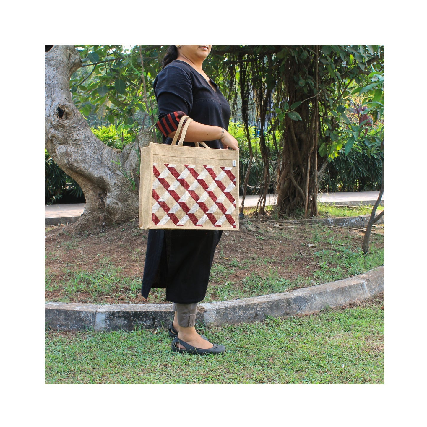 Natural Colour Stylish Designer Jute Shopping Bag I Embroidered I Red & White Checkered Design I Zipper Close