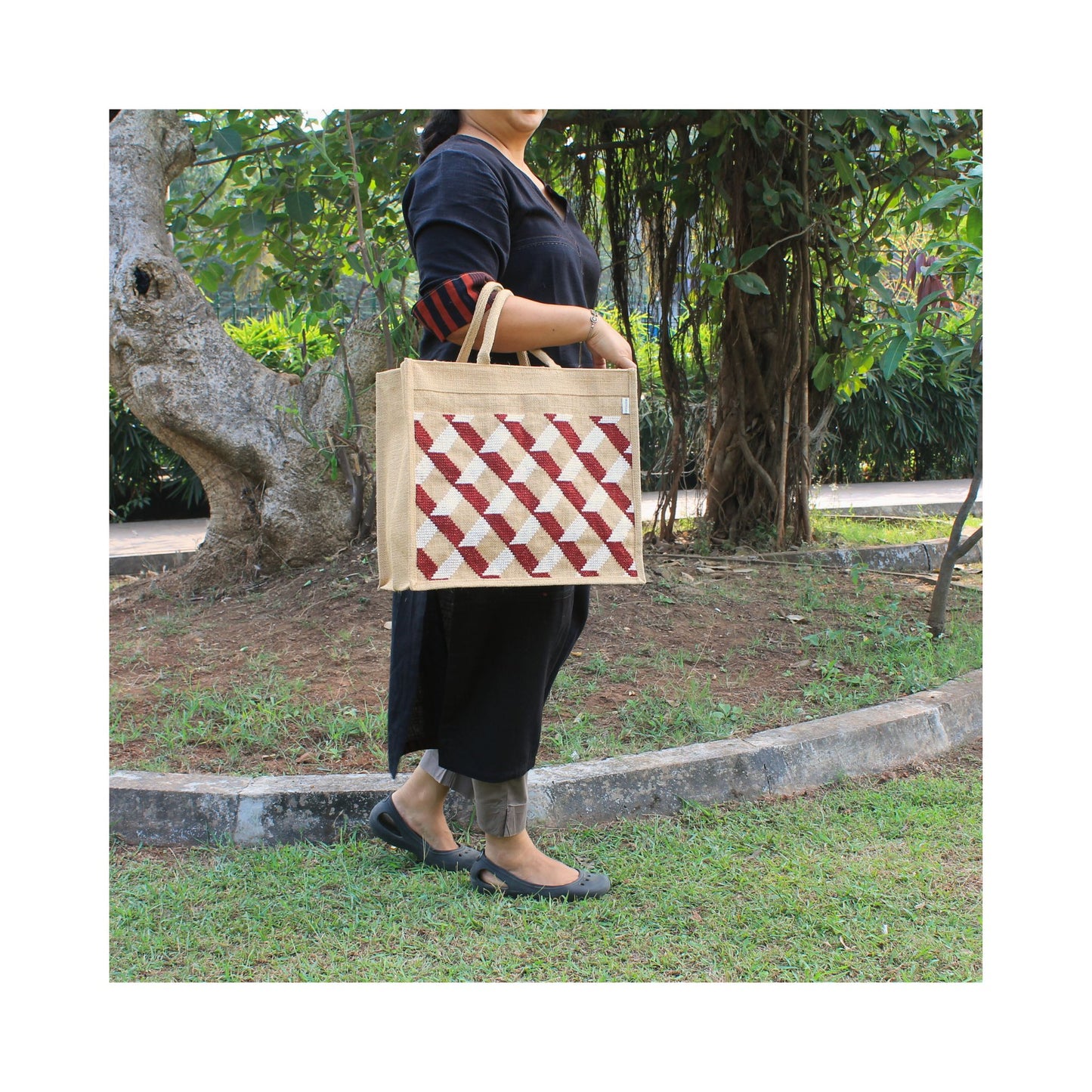 Natural Colour Stylish Designer Jute Shopping Bag I Embroidered I Red & White Checkered Design I Zipper Close