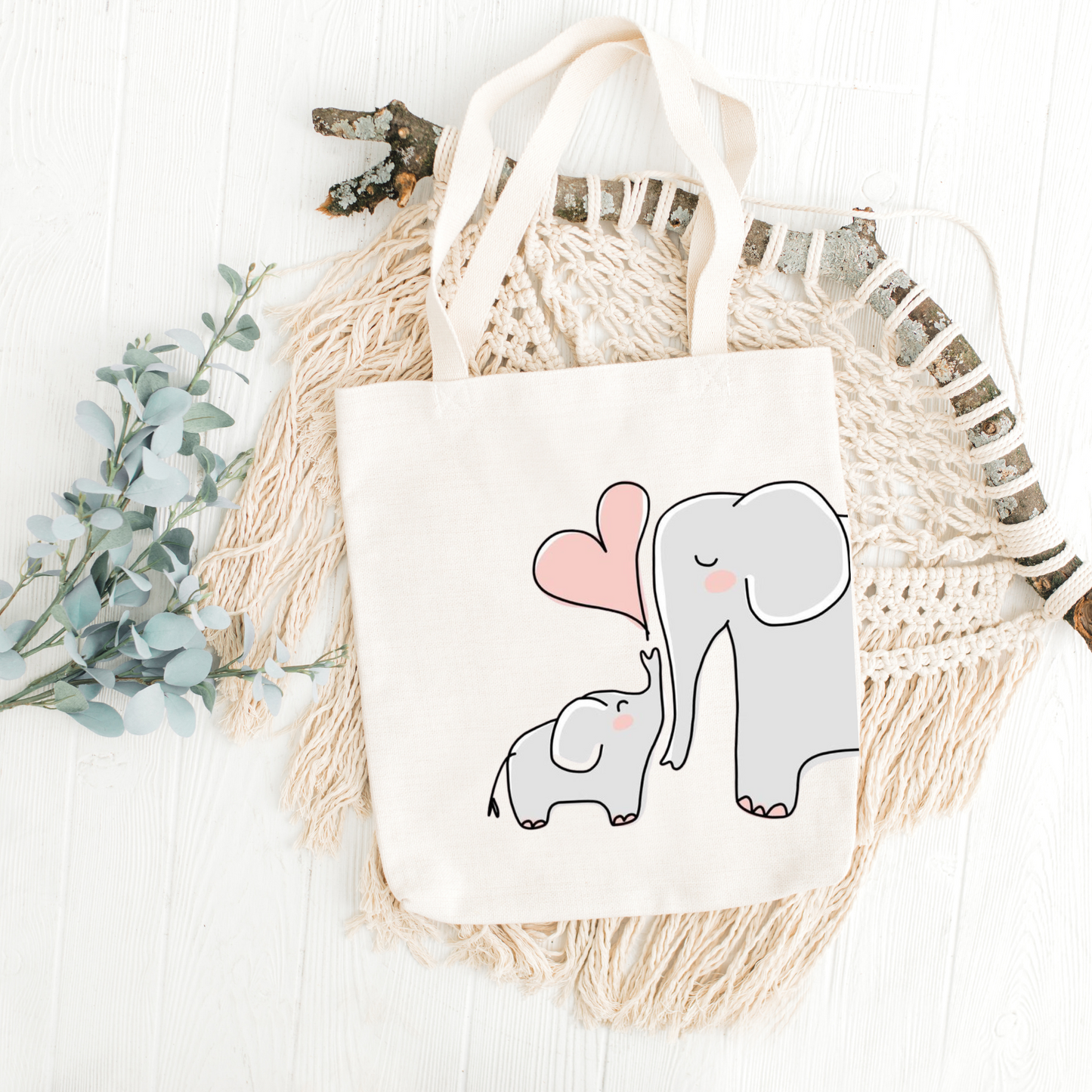 Off-White Canvas Tote Bag: Baby and Mom Elephant Print