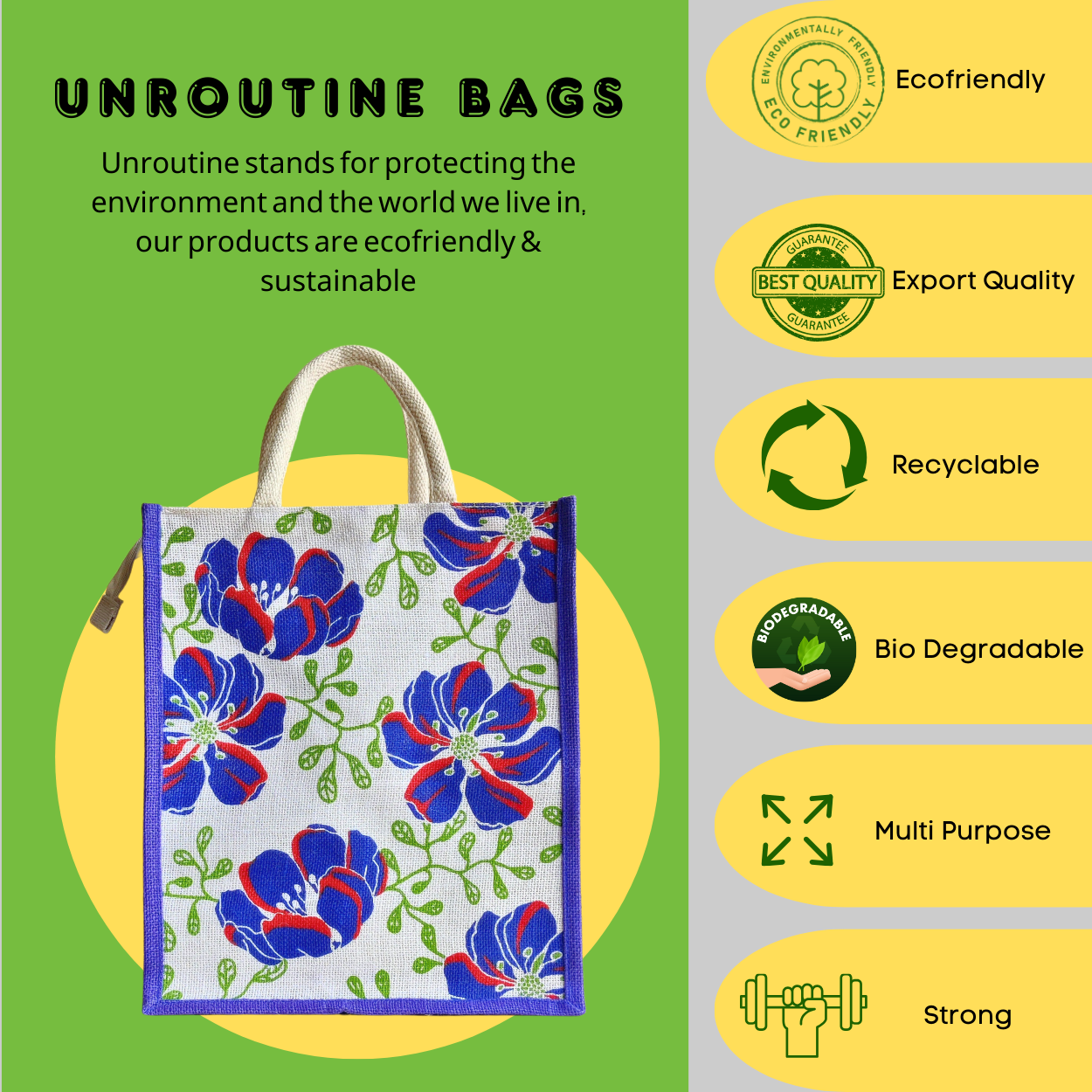 Printed Bold Floral Jute Shopping Bag - Blue Gusset