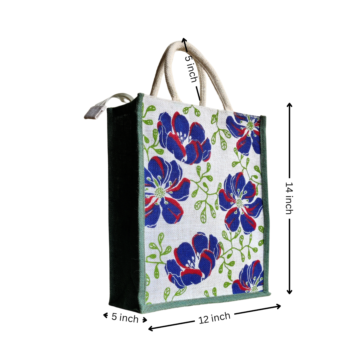 Printed Bold Floral Jute Shopping Bag - Green Gusset