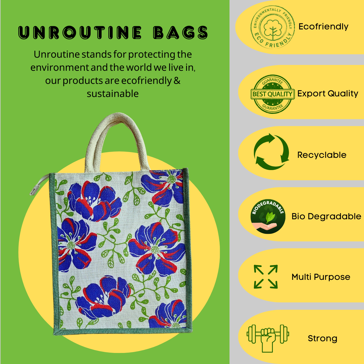 Printed Bold Floral Jute Shopping Bag - Green Gusset