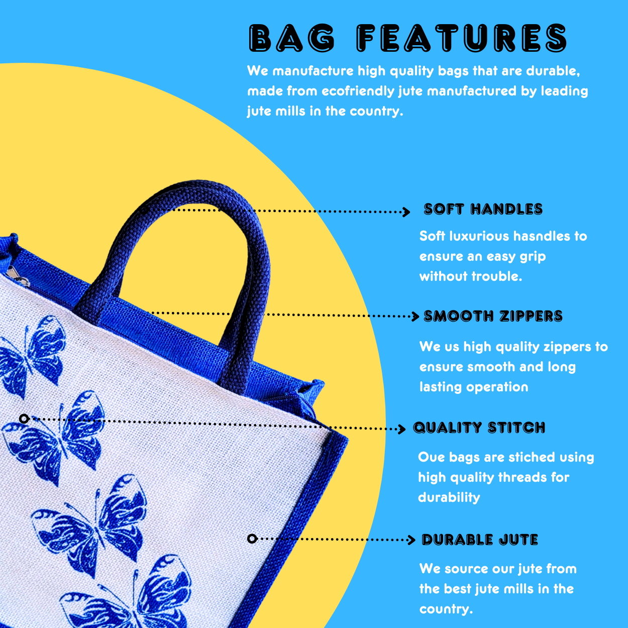 Printed Jute Handbag Butterfly - Royal Blue Regular