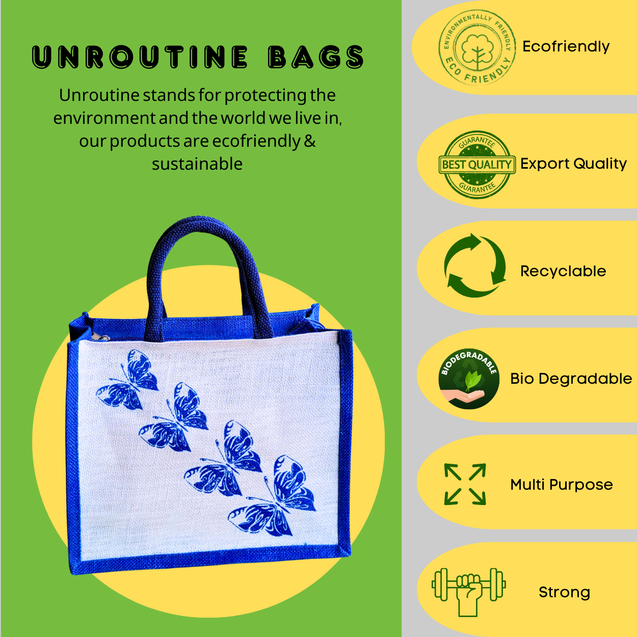 Printed Jute Handbag Butterfly - Royal Blue Regular