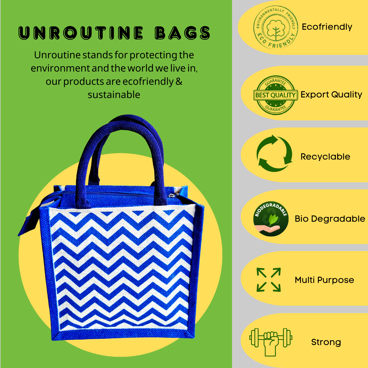 Printed Jute Compact Lunch Bag Chevron - Royal Blue