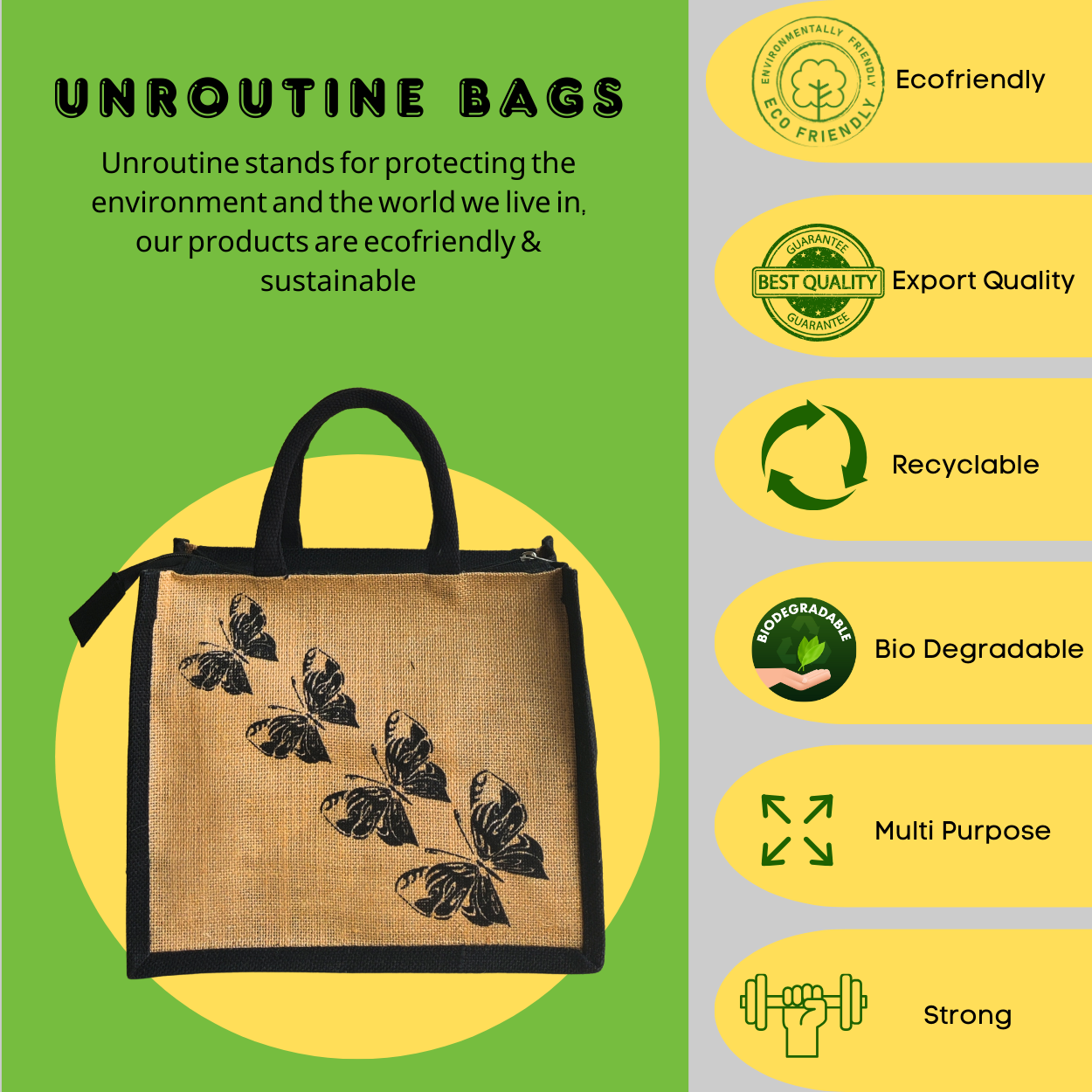 Printed Jute Handbag Butterfly - Natural Black Combo Regular