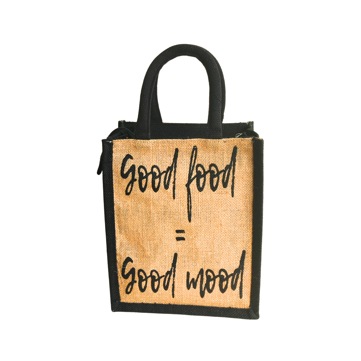 Printed Jute Lunch Bag Good Food Black Gusset Durable Jute