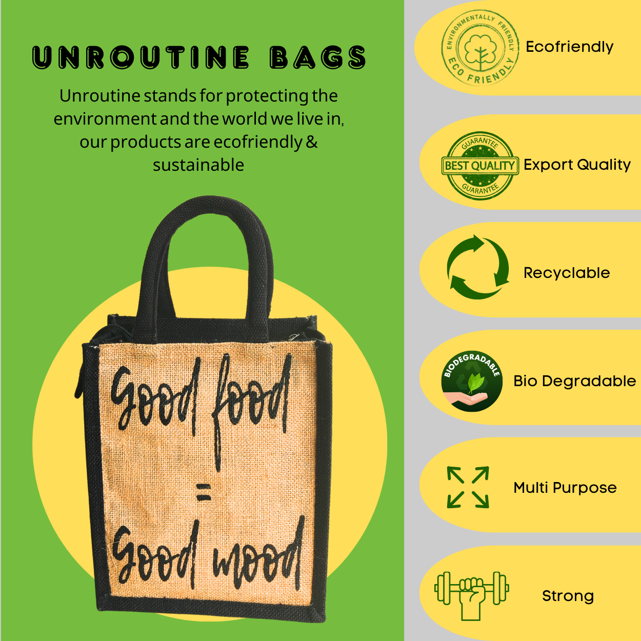 Printed Jute Lunch Bag Good Food - Black Gusset Regular