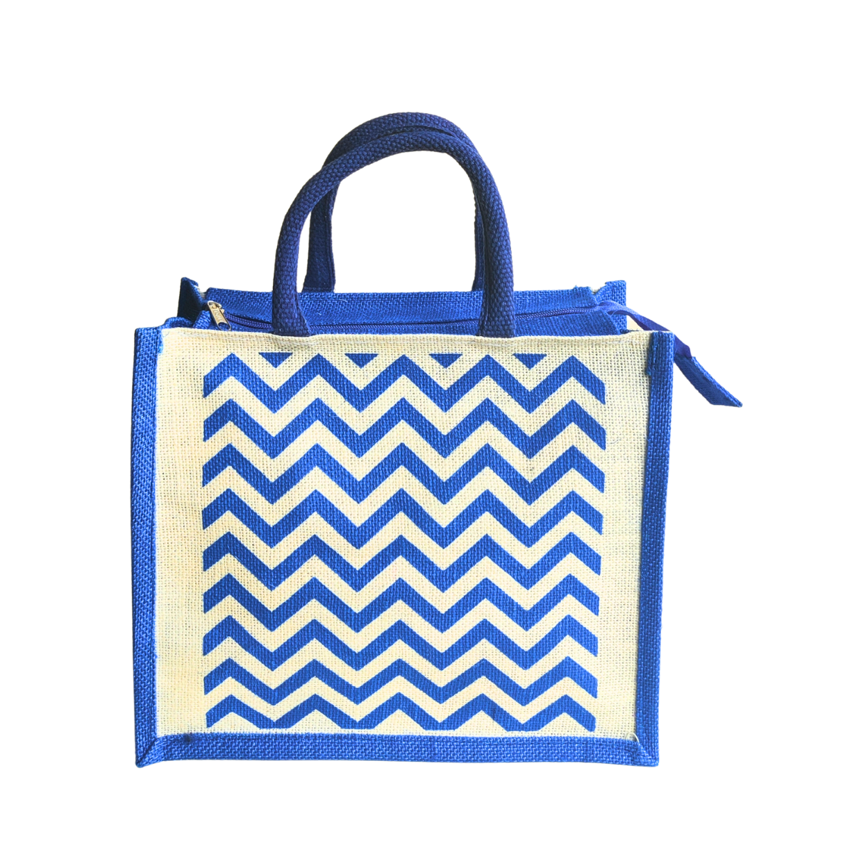 Printed Jute Regular Lunch Bag Chevron Royal Blue