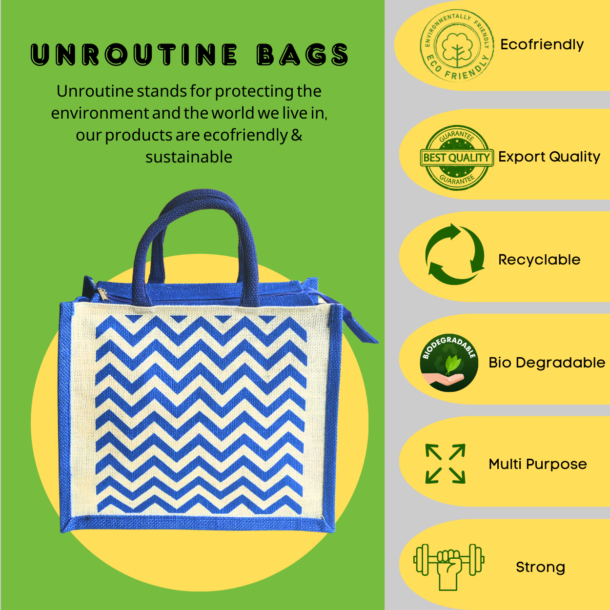 Printed Jute Regular Lunch Bag Chevron - Royal Blue