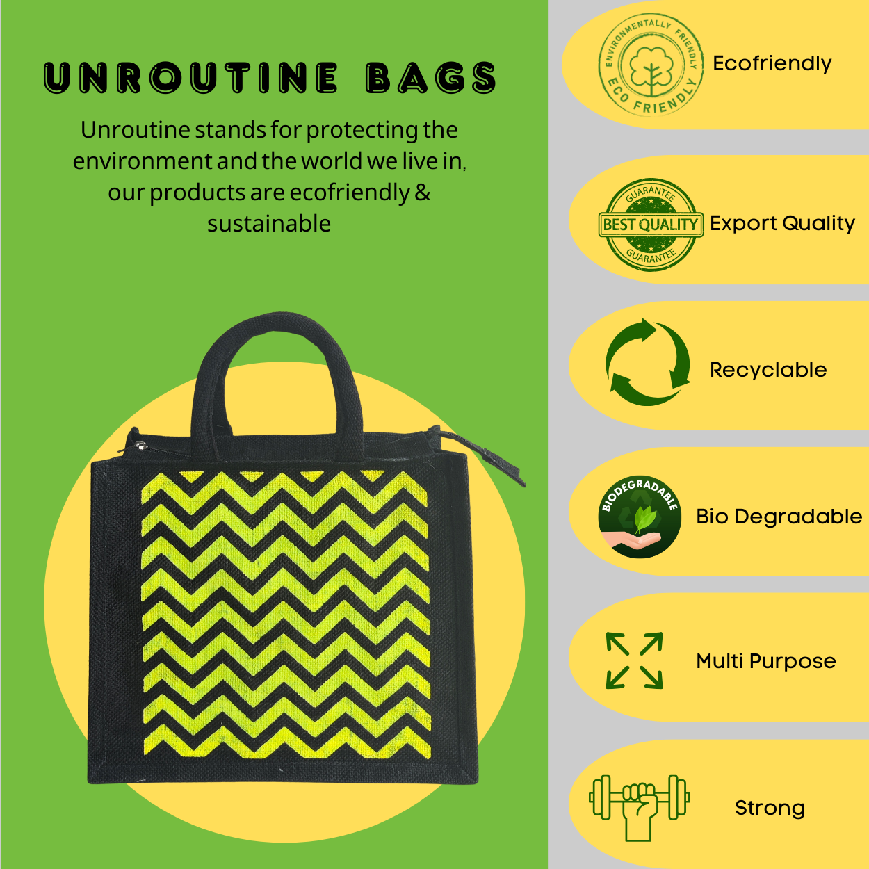 Printed Jute Regular Lunch Bag Chevron - Yellow