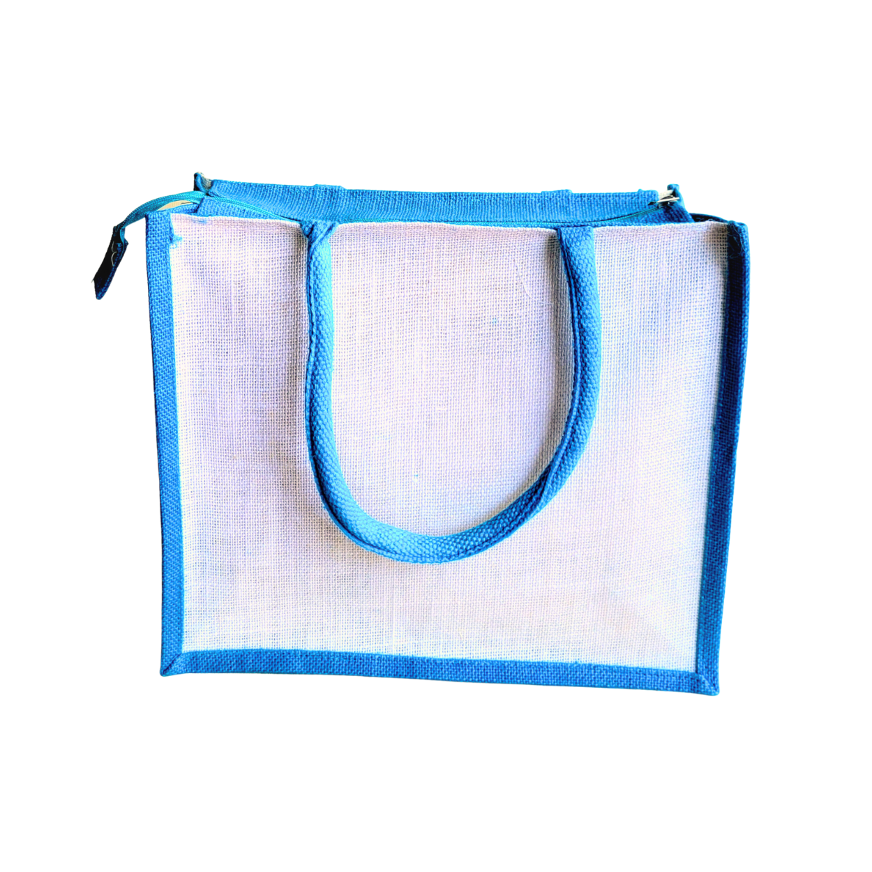 Printed Jute Shopping Bag - Chevron Teal Blue Large