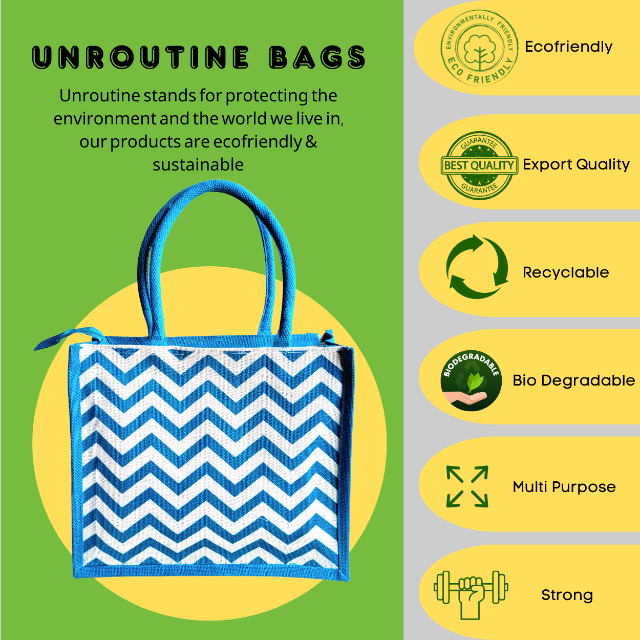 Printed Jute Shopping Bag - Chevron Teal Blue Large