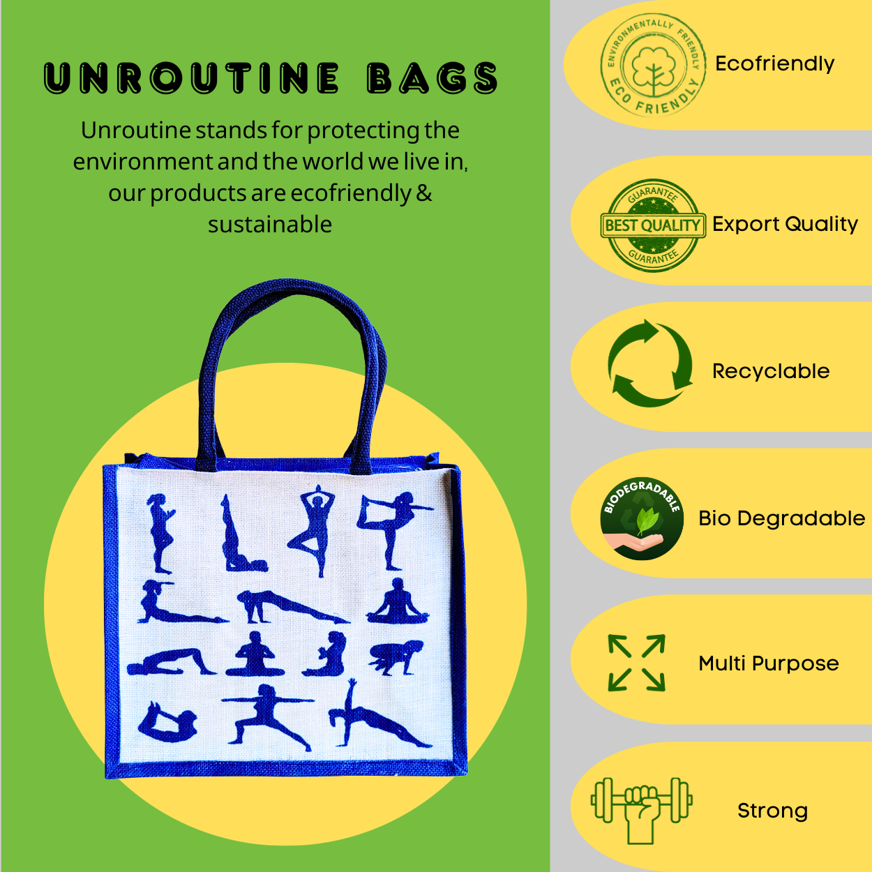 Printed Jute Shopping Bag Yoga Pose - Royal Blue Large