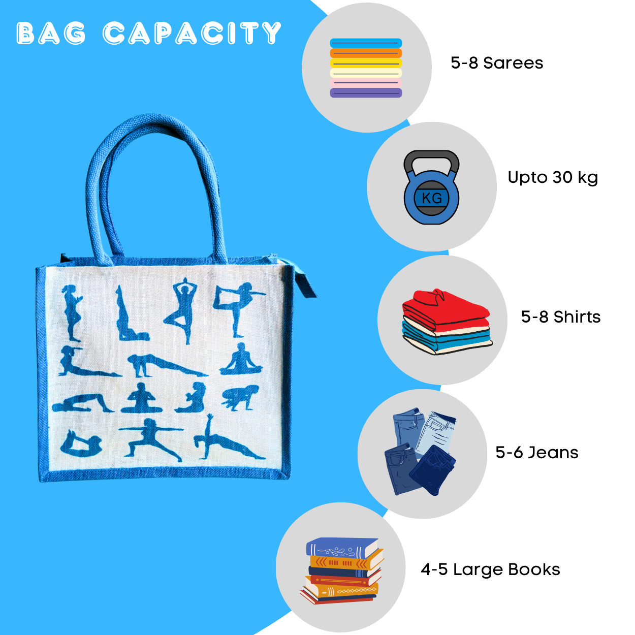 Printed Jute Shopping Bag Yoga Pose - Teal Blue Large
