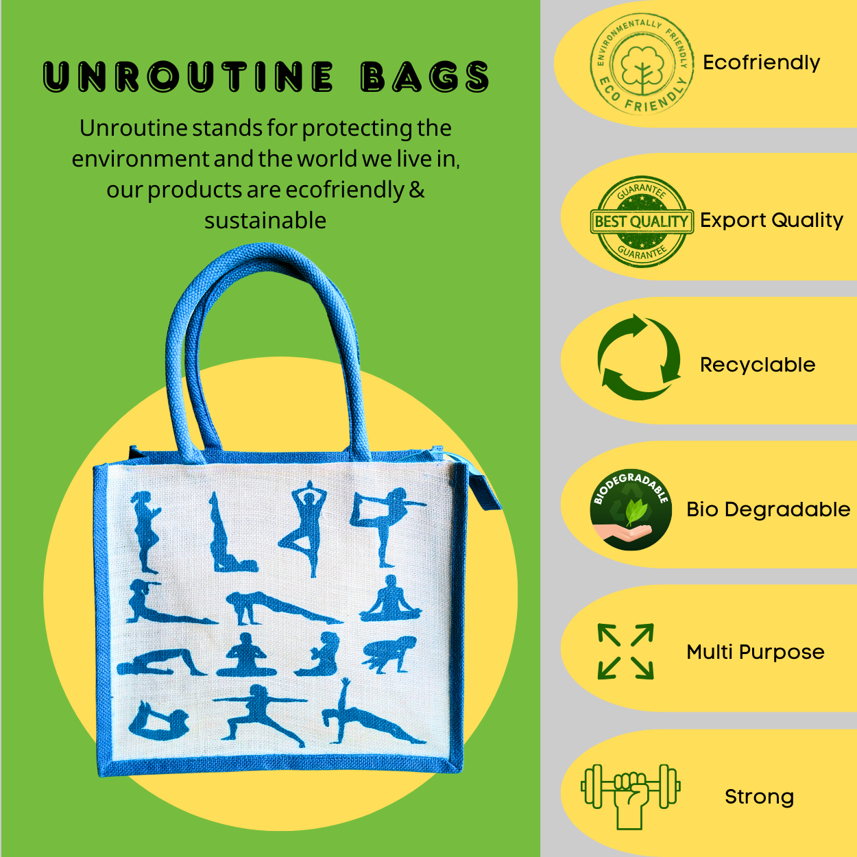 Printed Jute Shopping Bag Yoga Pose - Teal Blue Large