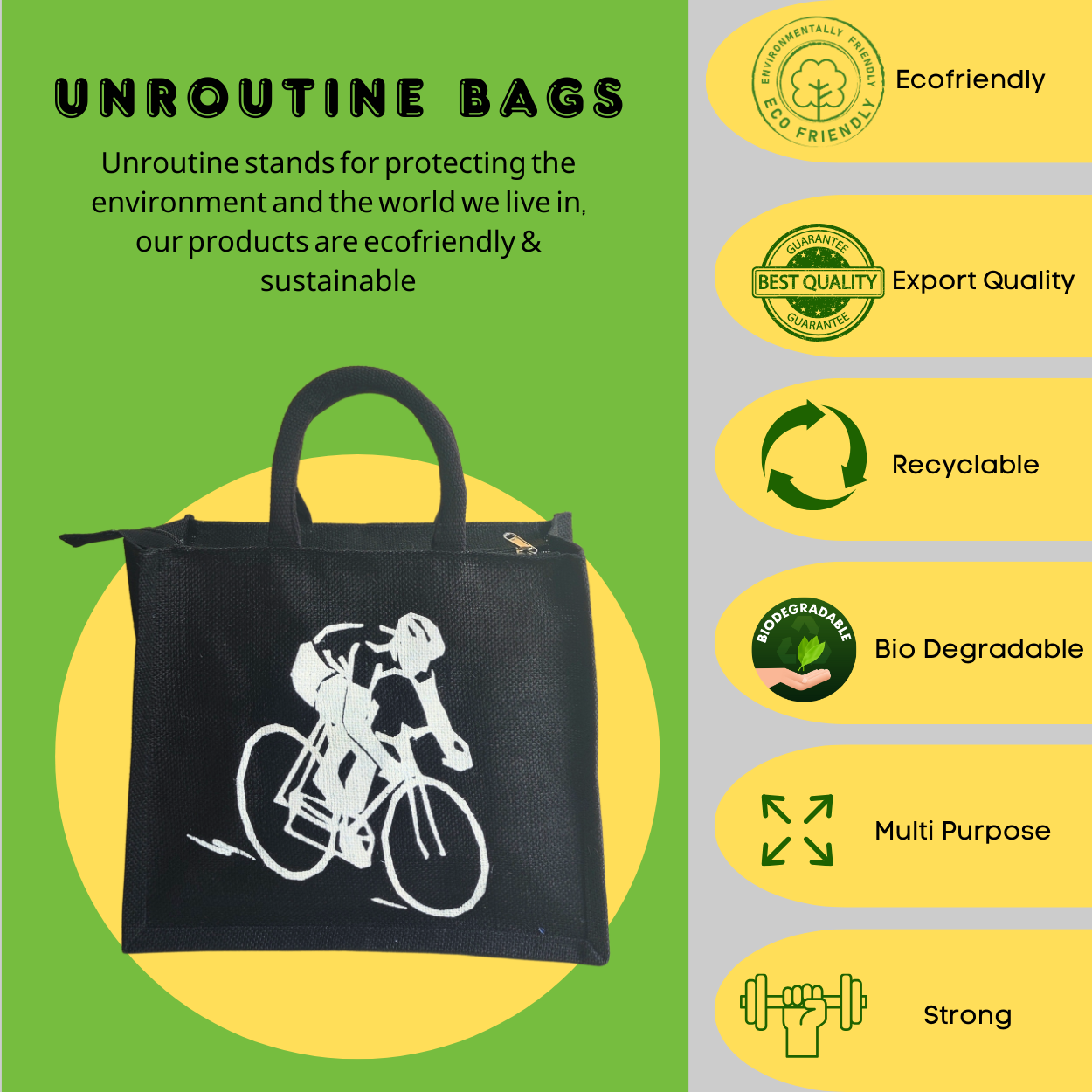 Printed Jute Standard Lunch Bag Cyclist Black Body