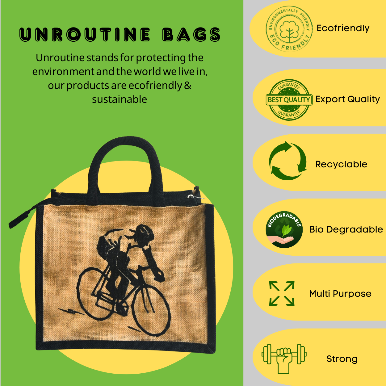 Printed Jute Standard Lunch Bag Cyclist Natural Black Combo