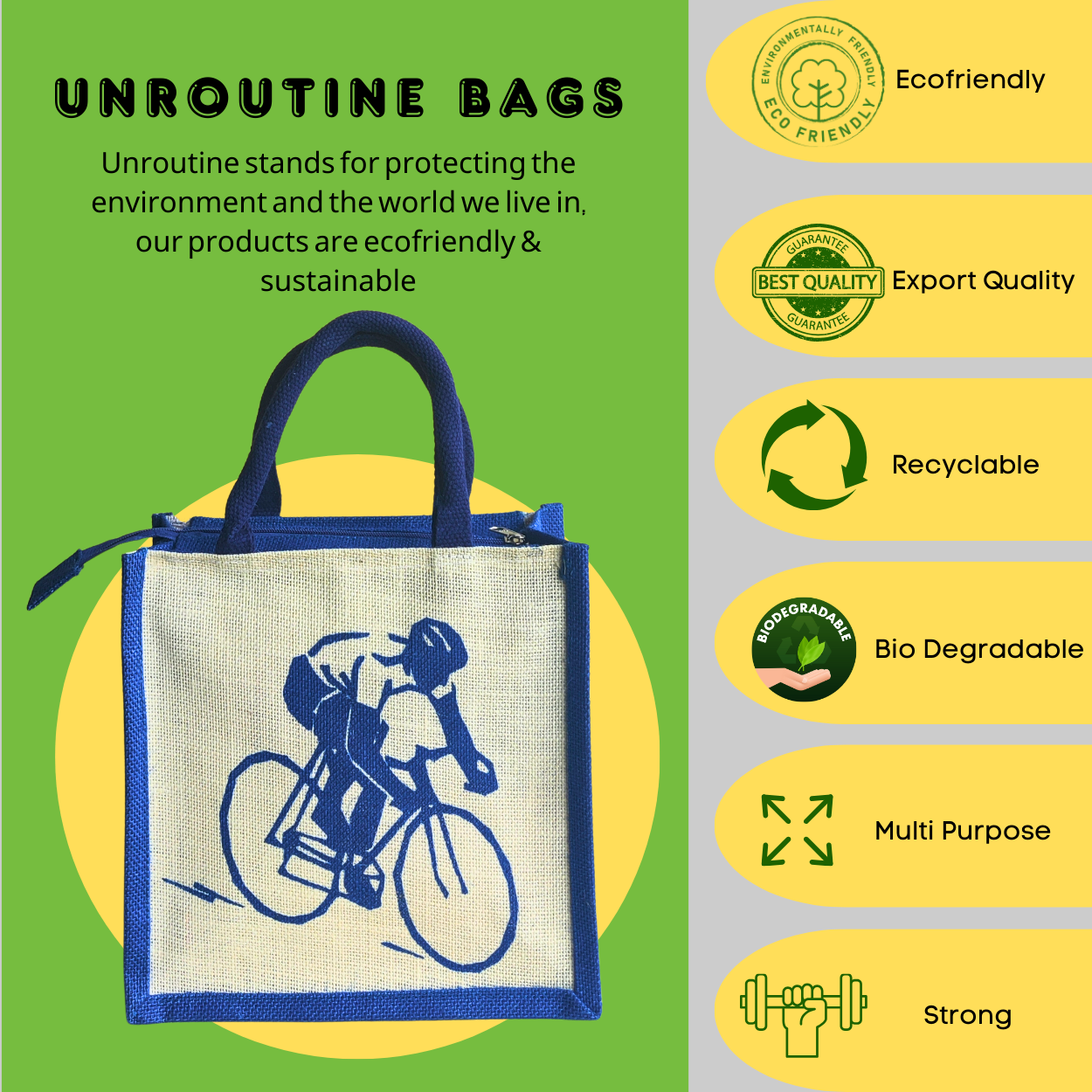 Printed Jute Standard Lunch Bag Cyclist Royal Blue