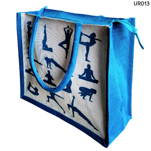 Brght Royal Blue And White Combination Jute Bag With Yoga Pose Print