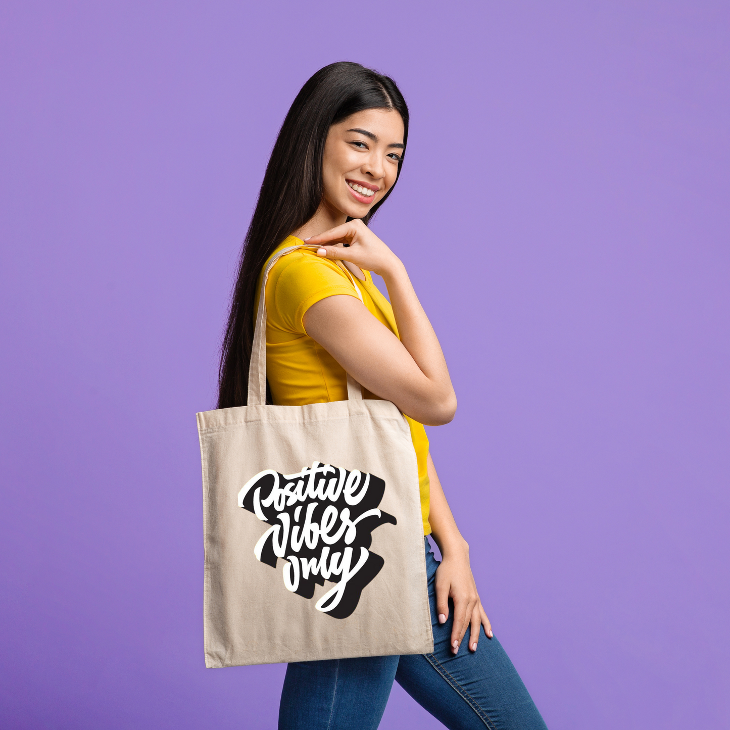 Eco-Friendly Premium Canvas Tote Bag With Print Of Positive Vibes Only