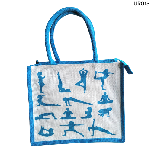 Stunning Teal Blue And White Combination Jute Bag With Yoga Pose Print
