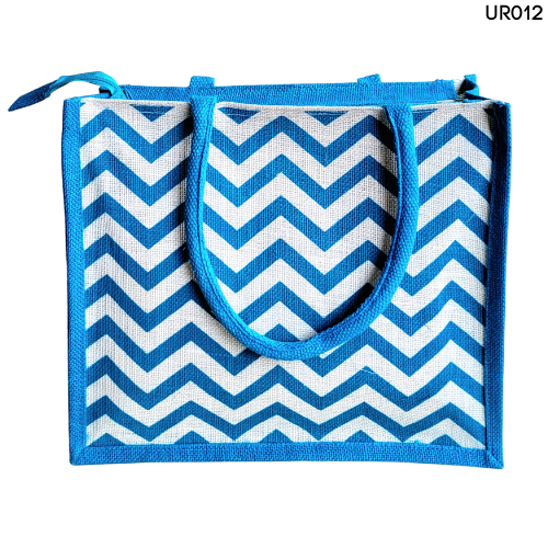 Stunning Teal Blue And White Combination Jute Bag With Chevron Print