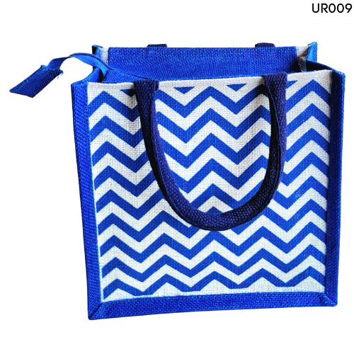Classy Royal Blue And White Combination Jute Bag With Chevron Pattern Print