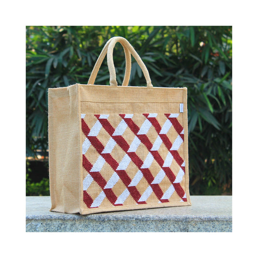 Natural Colour Stylish Designer Jute Shopping Bag I Embroidered I Red & White Checkered Design I Zipper Close