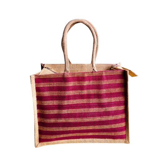 Fashionable Jute Lunch Bag Handloom - Red Large
