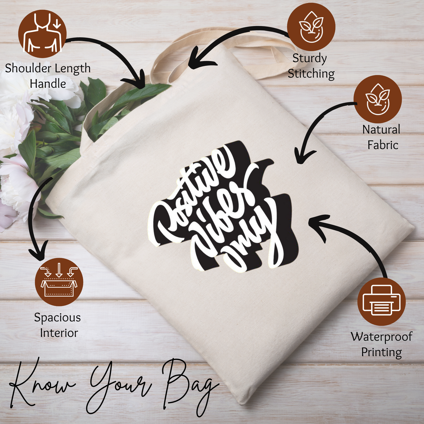 Eco-Friendly Premium Canvas Tote Bag With Print Of Positive Vibes Only